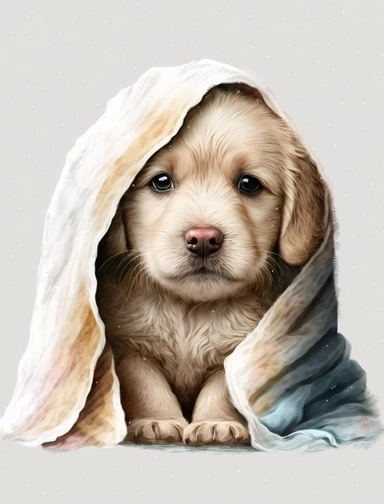 baby dog in a blanket, watercolor clipart, transparent background,