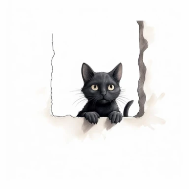 back high level view, cute black cat waiting before mouse whole in wall, illustration, white background, clipart, nursery illustration, illustration for children