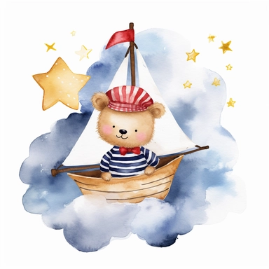 dreamy dark night sky clouds and a swarm of golden stars. a cute plushie sailor bear in a blue and white striped shirt and a sailor hat and a small red bowtie, in a wooden sailboat with a white sail, sailing on fluffy clouds, not sea. prominent visible brush strokes, watercolour texture, watercolor clipart png on white background