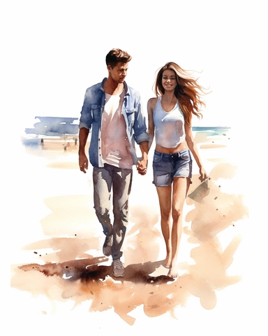 watercolor clipart couple walking on the beach, hyper realistic, 8k, isolated on white background