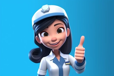 /3d render. Cartoon character young caucasian Chinese woman doctor, wears uniform, shows like gesture thumb up. Medical clip art isolated on blue background. Health care recommendation