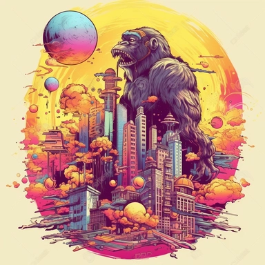 Artwork for t shirt graphic of majestic vibrant color magnificent funny big foot planets and solarsystem in the Back, starting Rocket from the ground, in a pencil drawing style, A vibrant featuring a sun setting over a futuristic City, with a soft pink sk