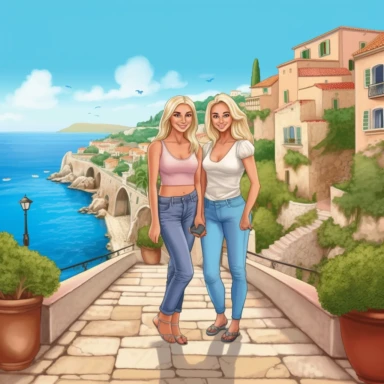 panoramic view, full view, landscape, two beautiful older middle-aged female best friends, one with long blonde hair and one with short blonde hair, age appropriate attire, same height, posing, smiling, beautiful faces, along a cobblestone walkway in a beautiful mediterranean town with view of beautiful blue water, cascading bougavanelia, beautiful summer day, illustration clipart, photo realistic, romantic, fantasy, ethereal, sharp focus, high detail,
