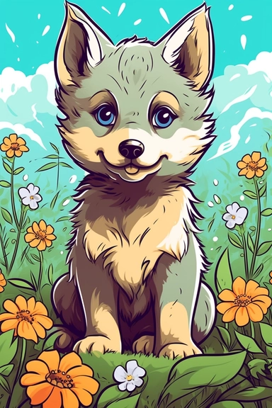 Cute and baby animal wolf, vector color, art coloring page, meadow with flowers and green leaves, walt disney style, 4k, high quality, detailed, clipart, smile,with a black outline , cartoon illustration in vector, high vector style contrast, happy cartoon, children's book illustration,