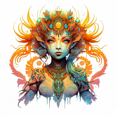 Boho style illustration, clipart, sublimation drawing Alien similar to the goddess Tu Er Shen, Chinese mythology . Bright colorful colors on a white background, high quality 8k, quality detail