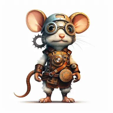 friendly mouse with big cute eyes, standing up, in the style of steampunk, clipart, white background, lots of cogs