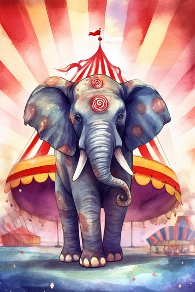 SURREAL cartoon elephant balancing on a circus ball, painted in a carnival of colors, against a circus tent background. Detailed watercolor, clip art, cartoon, 8k