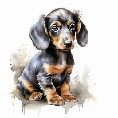 Watercolour cute Dachshund puppy sitting, beautiful details, ultra detailed, ultraphoto real intricate detailed, high definition, graphic clipart, hyper realistic,detailed, white background