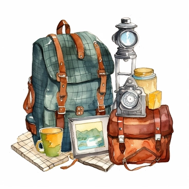 etailed Travel clipart adventure gear in the style of Watercolor clip art, clipart, on a white background