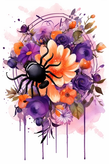 halloween spider on web, flowers, purple, orange black watercolor clipart