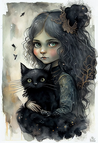 WHIMSICAL FANTASY MAGICAL YOUNG witch and black cat, mystical wicca, fantasy by [Rebecca Latham + Sarah Stribbling + sumi-e + nicoletta ceccoli], epic scene, dark dark academia watercolor vintage CLIPART, illustration, hyper realistic, intricate detail clipart, watercolor, painterly, Jean-Baptiste Monge, drawing on top of old grunge beautiful scrapbooking background paper, old paper texture, decoupage printable digital background, distressed borders, vintage borders, grunge borders, shabby borde