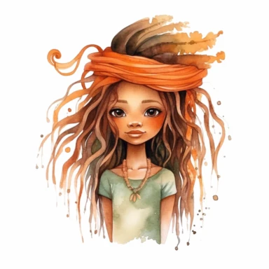 a watercolour Clipart image of the little mermaid as a cute African American girl with long orange hair in dreadlocks, her hands are delicate and style is whimsical.