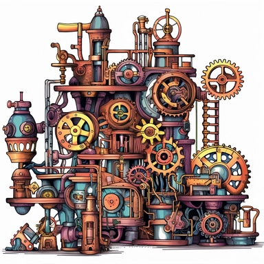 Clipart. White background: In a bustling workshop adorned with shelves of magical artifacts and complex machinery, a collection of whimsical steampunk contraptions takes center stage. Gears, cogs, and valves intertwine with enchanting symbols, infusing the mechanical devices with the power of magic. The foreground showcases the intricate details and fantastical designs of the contraptions, each one uniquely crafted and powered by the whimsical fusion of magic and steampunk aesthetics. The backgr