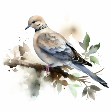 a single watercolor mourning dove sitting on a leafy branch clipart, hd, white background, spaced out