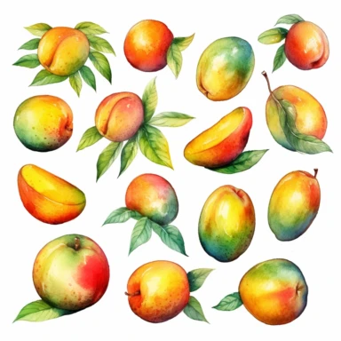 Draw a set of playful and colorful, watercolor style illustrations of mangos, evenly space elements for clipart, white background