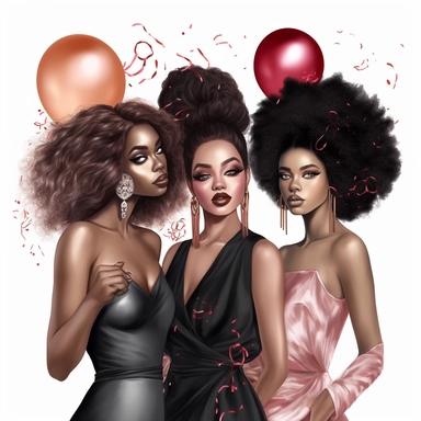 Glamour Party, Fashion, Illustration, black girls, Best Friends, clipart, very detailed, white background