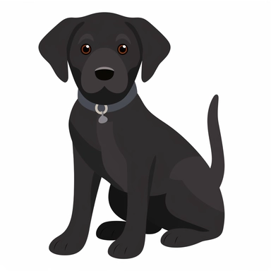 simple graphic depicting a Black Labrador. The Black Labrador should be a friendly and happy dog, with a shiny black coat and a wagging tail. The overall style should be basic clipart style, cute and adorable, child-friendly, with simple shapes and bold outlines to make the character easy to recognize