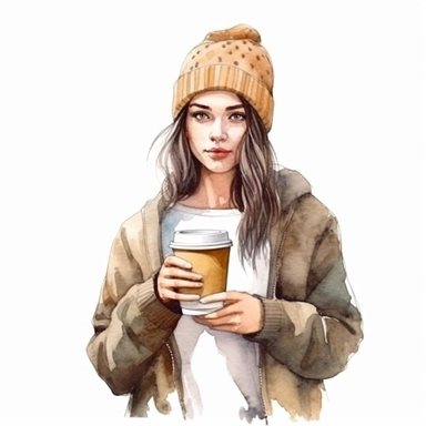 watercolor style, a beautiful girl in casual clothes holding a paper cup of coffee, realistic colors, realistic image. Clipart, isolated on white background, 4K