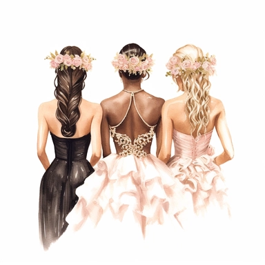 glamour dolce & gabbana half body back shot, watercolor white wedding dress bride wedding black bride hairstyle with beautiful gold headpiece clipart, + two bridesmaids in pink dress, hd, isolated on white background, spaced out ar 3:2