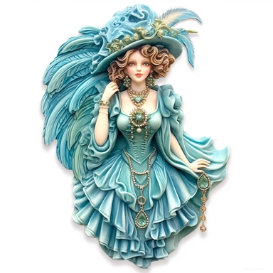 Single Victorian woman wearing a flowing aquamarine silk dress, embellished with delicate beadwork and a cascading ruffle skirt. Complemented by a Victorian-inspired turquoise pendant necklace and a feathered fascinator, she stands with elegance and charm, her magnetic gaze drawing the viewer into the enchanting world of Victorian fashion. Every aspect of her attire, from head to toe, is depicted with meticulous attention to detail and cinematic smoothness. Clipart, watercolor, white background,