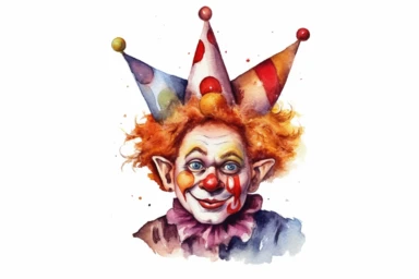 Watercolor, Craft a cartoon person with a jester hat and a funny expression, symbolizing a clown clipart, hd, on a white background, spaced out