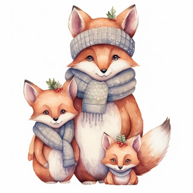 charming family of 4 fox, Christmas morning, festive decor and mood, ornamental watercolor, clipart