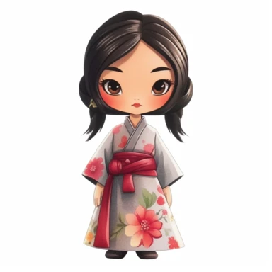 Chibi, cute, watercolor clipart of Disney Mulan, intricate details, vector, hyperrealistic, white background