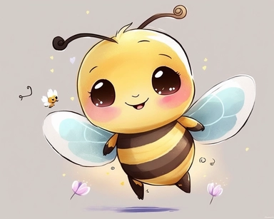 cute smiling vector bee drawing for clipart, image is on a white background, bee is the focal point hovering above a rose, he is flying through the air by himself, nursery watercolor, in the style of watercolor painting, white background, charming anime characters, cute and colorful, depiction of animals, high quality, multiple poses--seed 4107006010