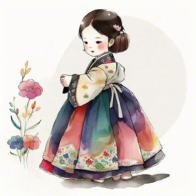 a cute little girl is wearing Korea traditional dress Hanbok. watercolor clipart, the skirt layers are designed to create a full and flowing silhouette, rainbow color jacket, The jacket worn by women in the royal family has long sleeves that are wide and 