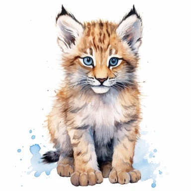 A baby lynx clipart, white background, watercolor drawing