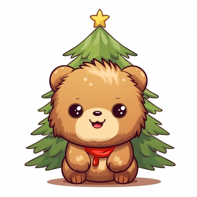 Clipart of a cute brown bear with a chrismas tree kawaii style full multicolor white background
