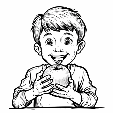 little boy biting an apple simple clipart bold lines black white coloring page style no background