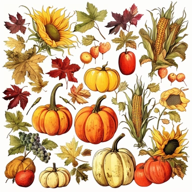 clipart of harvest festivals, autumn colors on a white background, clipart evenly spaced, vintage style--q2--s1000