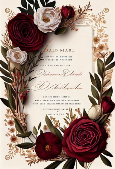 beautiful, intricate, sharp focus, stunning, beautiful wedding invitation, dried red roses, white ranunculus, and wax flowers, boho wedding invitation, show entire invitation, no border, clipart, on white background, flat lay, extreme detail, wedding invitation,