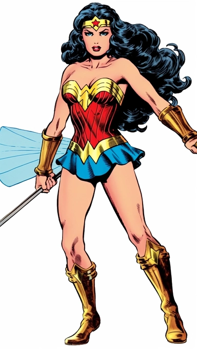Wonder Woman holding a sword and jumping on a tank, full body, comic book style of 1984, clipart art, Jack Kirby style