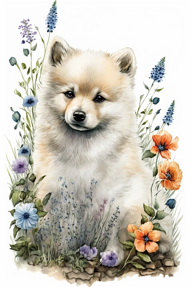 watercolor cute puppy american eskimo dog and wildflowers, white background, children book illustration, hyper realistic, 8k, ultra detailed clipart, warm colors, black ink style