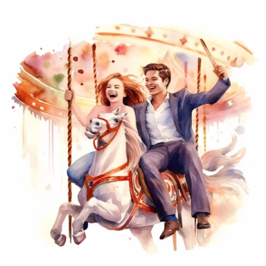 joyful COUPLE, riding a vintage carousel, their laughter blending with the music, watercolor, Pixar style, Clipart on a white background