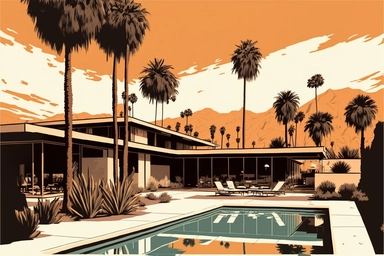 letraset clipart of a midcentury brutalist house and swimming pool in palm springs, 1960's, happy, friendly, washingtonia palms, low camera angle, pool, bob peak, slim arrons