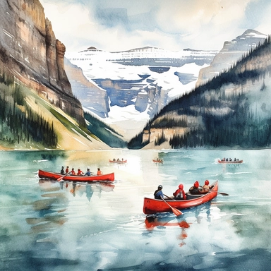 Watercolor clipart of lake louise with red canoe and people, dynamic color, clean and highly detailed, soft color, sharp focused, watercolor art on white background