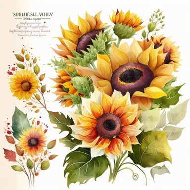 Design a sunflower bouquet clip art with a vibrant watercolor style. Create a composition that includes multiple sunflowers arranged in a bouquet with lush green leaves. Use a mix of warm colors like yellow, orange, and red to create a cheerful and lively artwork. Ensure the bouquet stands out against the white background, 8k