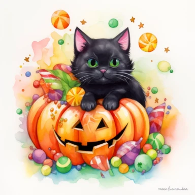 a large Halloween pumpkin, pumpkin is filled with colorful wrapped candies, lollipops, and candy corn, inside the pumpkin is a cute little black kitten with big green eyes, scattered candy is laying flat around the pumpkin, Halloween colors, magic, fantasy, watercolor, clipart style, white background with margins