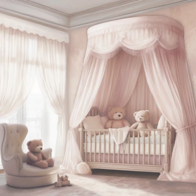 panoramic view, full view, darker color, beautiful elegant royal baby girl nursery room drawing painting, frilly, romantic, fantasy, ethereal, light pink and white colors, beautiful crib with beautiful full flowing perfect canopy, soft pink teddy bear, beautiful large Victorian style window with beautiful pink flowing drapes, faux fur rug, sharp focus, high detail, 8k, illustration clipart style, transparent background