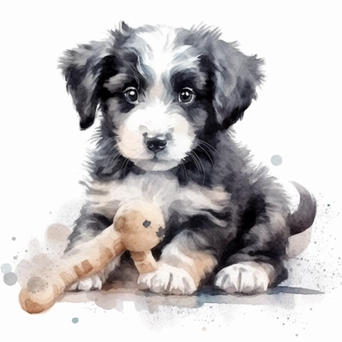 Watercolor puppy playing, with wool toy Clipart - cute puppy , Colour of black and silver, white background, vector art, high definition, clip art, ar 2:2