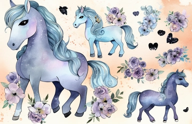 Galloping Goodness kawaii watercolor- aquarela indigo-black outline, pastel colors clipart