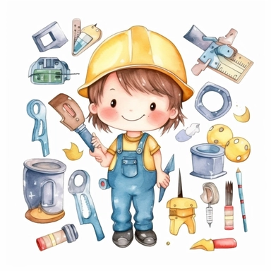 cute kawaii builder, construction tools, watercolor white background clipart set single elements with margin