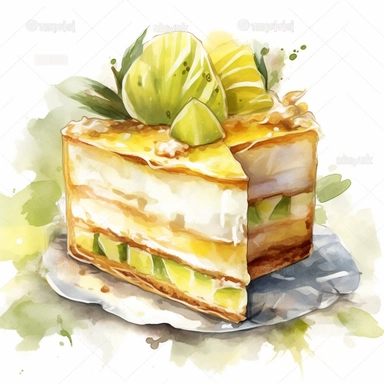 Watercolor clipart of Durian Mousse Cake: Layer Durian mousse between sponge cake layers and top with fresh whipped cream and Durian pieces for a light and airy dessert that's perfect for hot summer day, intricate details, vector, hyperrealistic, white background, no splashes, no text, no watermark