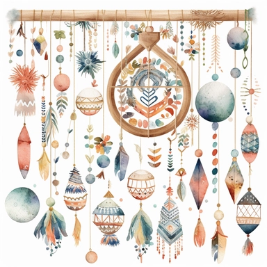 Create watercolor clipart of a boho baby mobile, featuring items such as geometric shapes, pom poms, and wooden beads. Use intricate patterns and muted colors to capture the playful yet understated boho vibe, white background