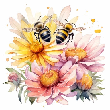 Create a charming watercolor clipart of bees and flowers. The scene should include several bees buzzing around a variety of vibrant flowers, collecting nectar. The style should mimic that of a watercolor painting, with soft edges, subtle color blending, and the characteristic transparency of the medium. Use a digital rendering technique that mimics the effect of a watercolor brush on a textured paper. The lighting should be soft and diffused, as if it's a sunny day. The colors should be bright a