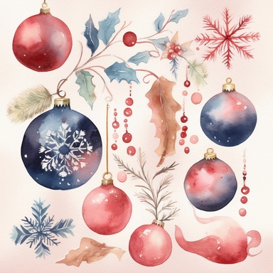 Design a collection of watercolor clipart images featuring elegant Christmas motifs such as snowflakes, stars, and ornaments. The images should have a sophisticated, upscale feel with clear lines and rich, luxurious hues. The clipart should be suitable for use in upscale holiday party invitations and other similar projects