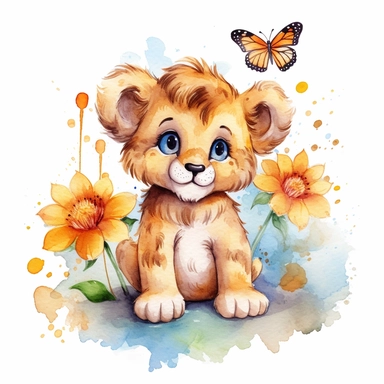 watercolor cute baby lion playing with butterfly clipart, single clipart, flowers, high resolution, bold colors, 8k